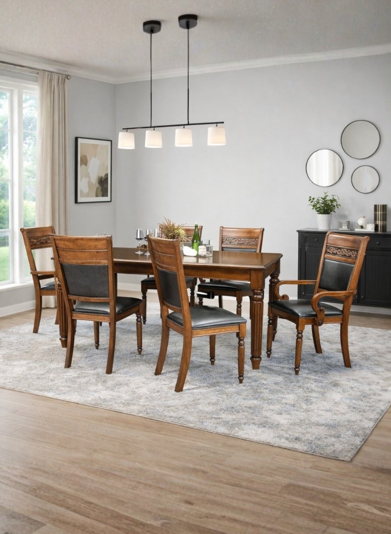 Royaloak Texas Wooden Dining Set 6 Seater, Solid Wood, Wooden Legs, Wooden Veneer Top, Turned Fluted Legs, Cushioned High Backrest, Carved Designed Backrest, Dining Table 6 Seater. - Image 1